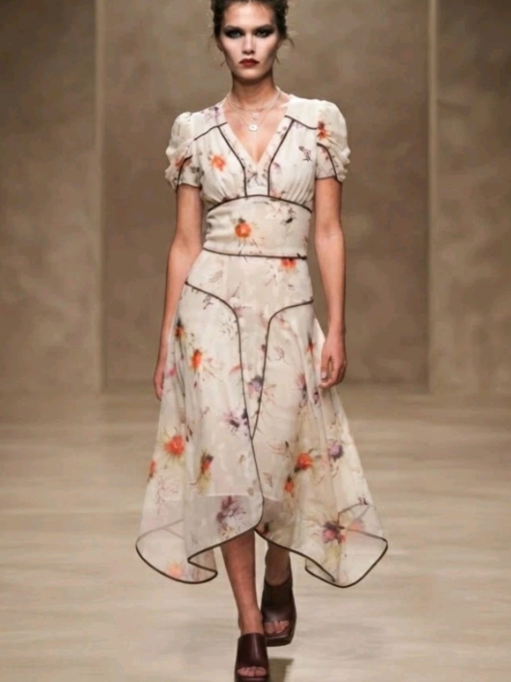Anna Sui Cream Floral High-Low Midi Dress